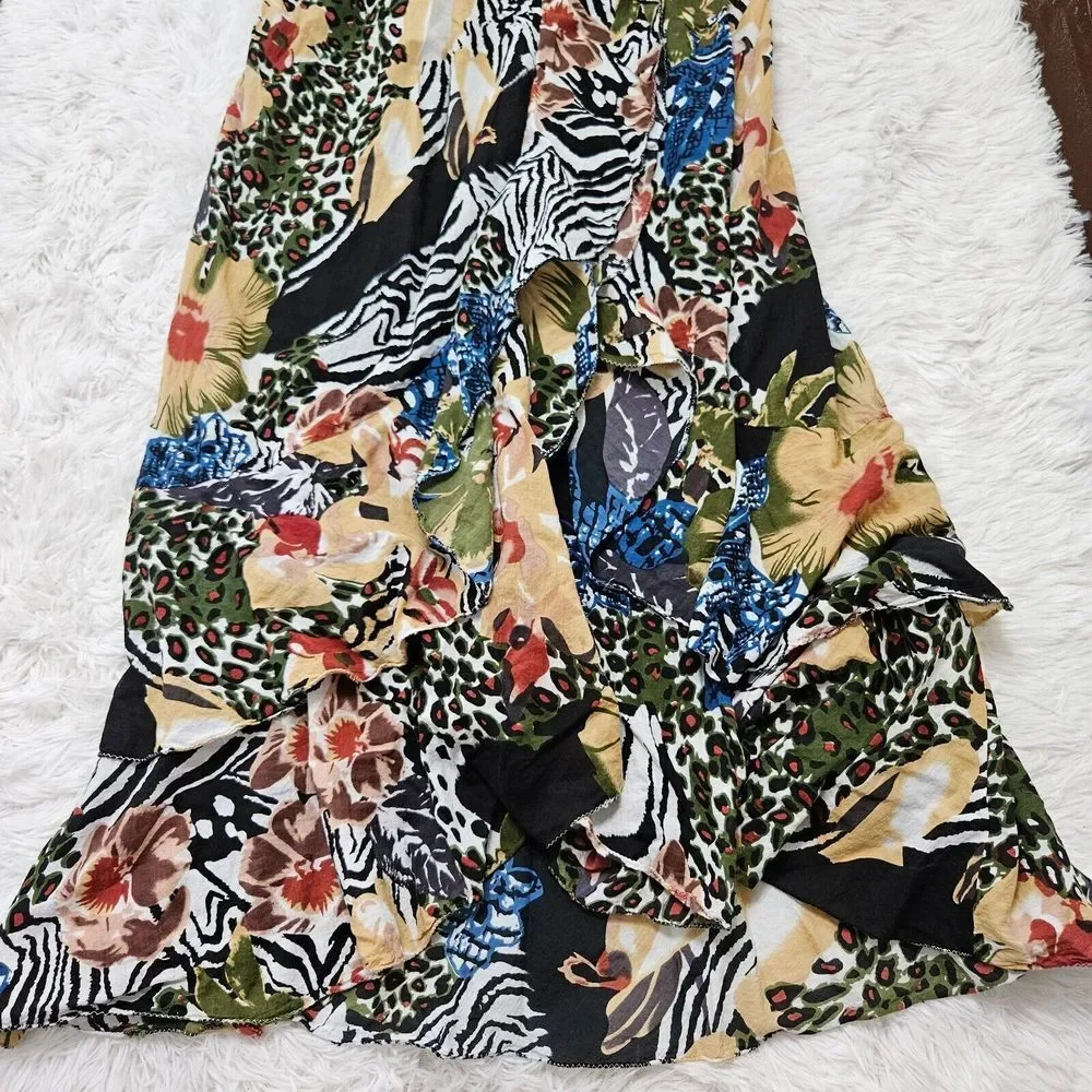 Grace Elements Safari‎ Jungle Ruffle Hippie Lagenlook Eclectic Maxi Dress Sz L